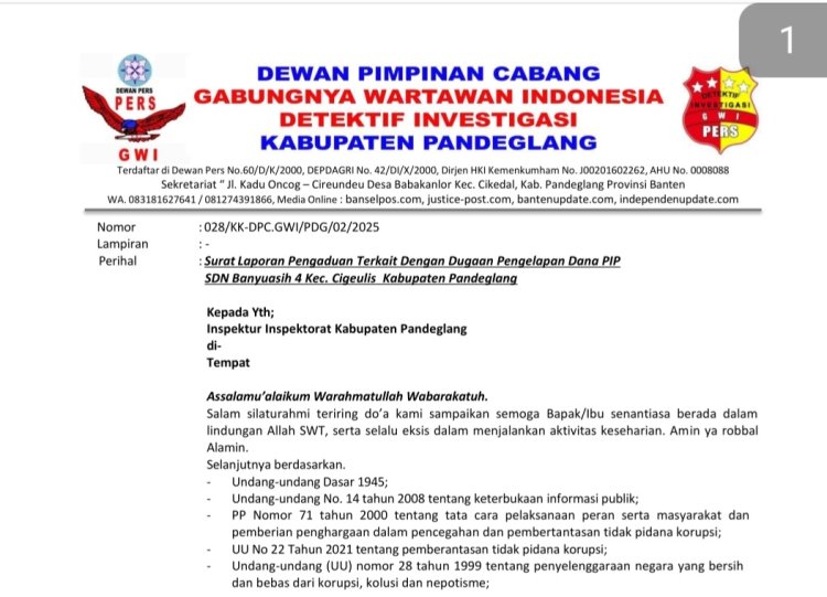 DPC GWI Pandeglang, Laporkan Kepala SDN Banyuasih 4, Terkait Dugaan Dana PIP Yang Raib