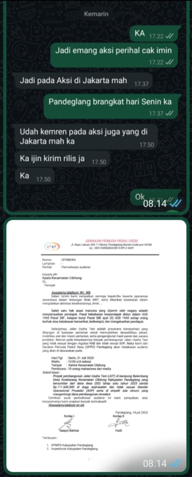 Gerakan Pemuda Peduli Desa Gagal Audensi di Kecamatan Cibitung, Warga Masyarakat Akan Jadwalkan Ulang Bersama DPC-PPWI