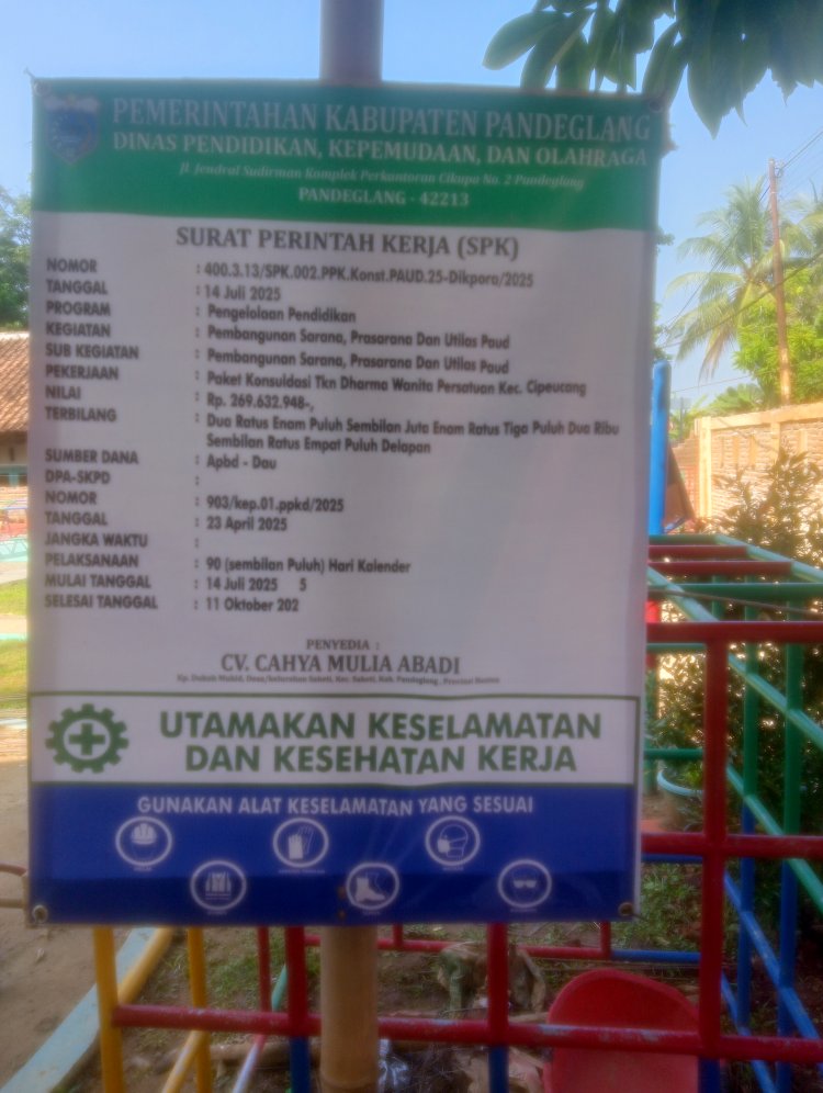 GWI Kecam Pihak Pelaksana CV.Cahaya Abadi Dalam Pelaksanaan Pembangunan Sarana Dan Prasarana Utilitas Paud TKN Darma Wanita Cipeucang Diduga Abaikan APD Di ingatkan malah Meremehkan.