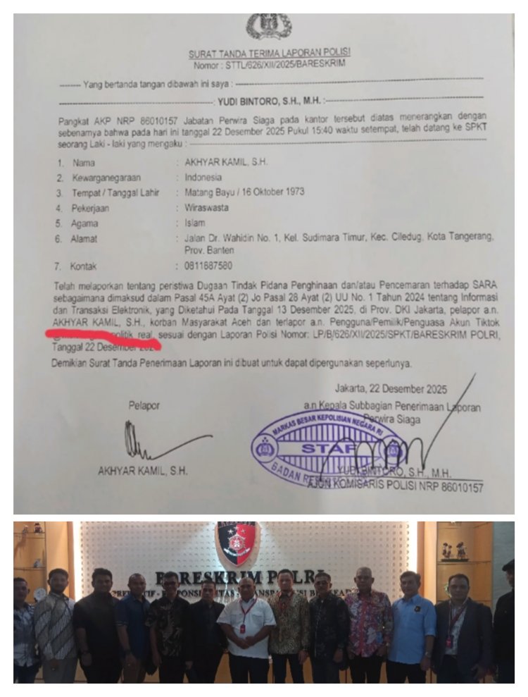Ketua Umum Persaudaraan Aceh Seranto Laporkan Dugaan Vidio Ujaran Kebencian Ke Cyber Bareskrim Mabes Polri