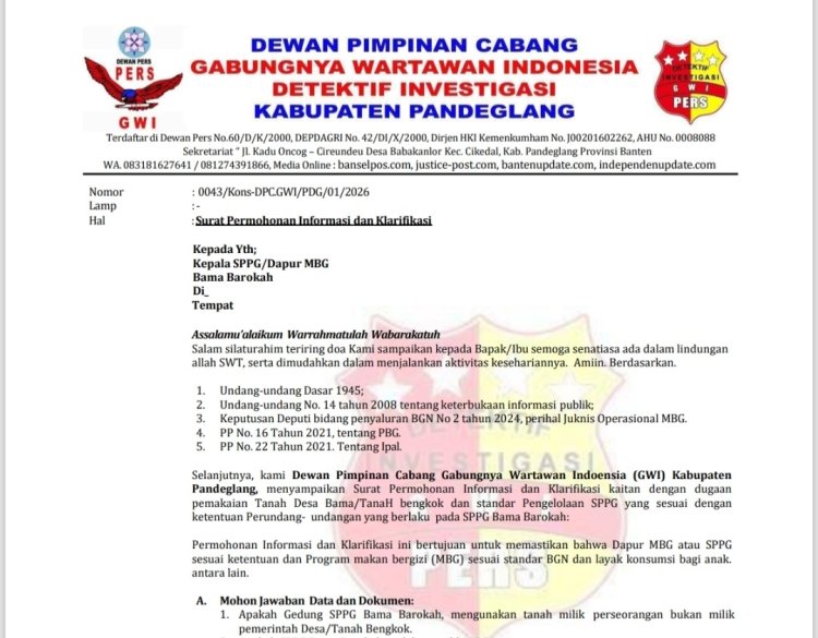 Dapur MBG Bama Barokah Diduga Pakai Tanah Bengkok, DPC GWI Pandeglang Layangkan Surat Konfirmasi Ke Kades Bama Pagelaran