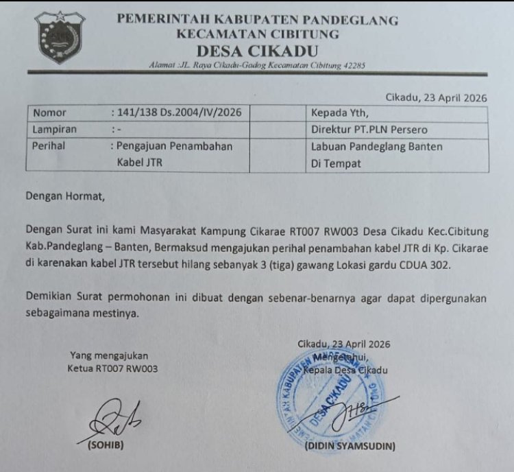 WARGA CIKADU RT007 RW003 HARAP PLN ULP LABUAN  'SECEPAT MUNGKIN' PASANG 3 GAWANG JTR CDUA 302"