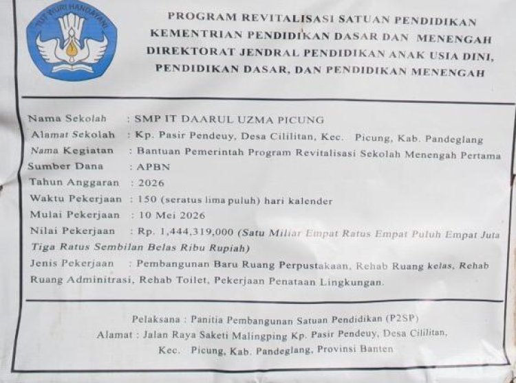 Diduga Ada Intervensi Pengelolaan, Program Revitalisasi SMP IT Daarul Uzma Picung Rp1,44 Miliar Jadi Sorotan